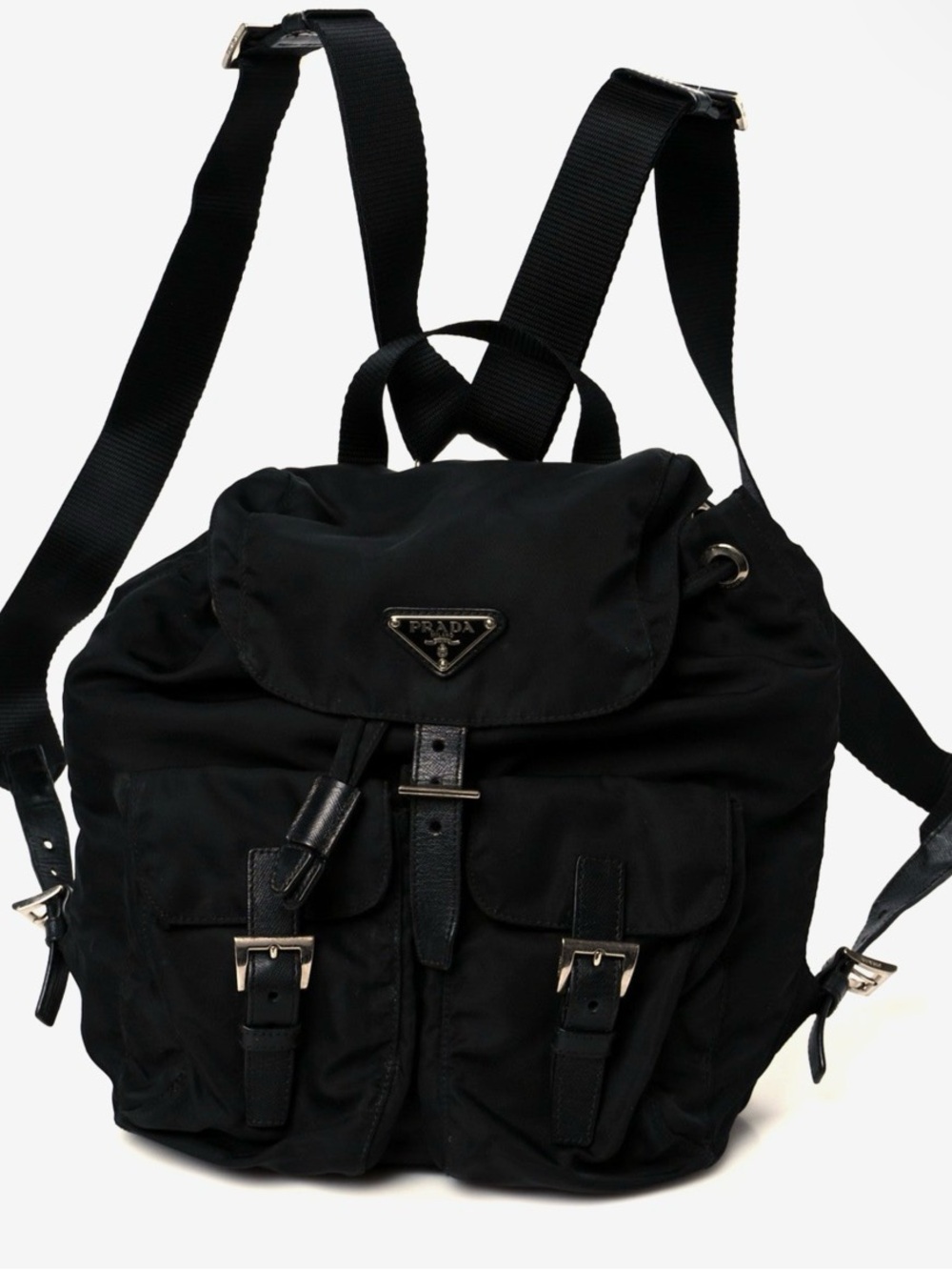 Prada Black Nylon Drawstring Backpack with Front Pockets
